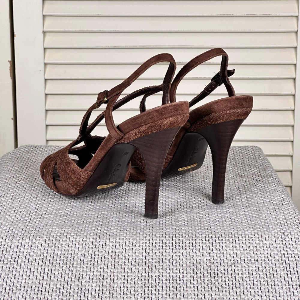 Luxe Cole Haan Brown Suede Boho Strappy Heels Braided Sandals Y2K Size 6 B - Picture 5 of 8